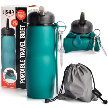 Lisha Portable Bidet for Travel Peri Bottle RollsUp Compactly for Discreet Carry Silicone Bidet Bottle with Leakproof Lid Dust Bag and Clip 169 oz Capacity Green