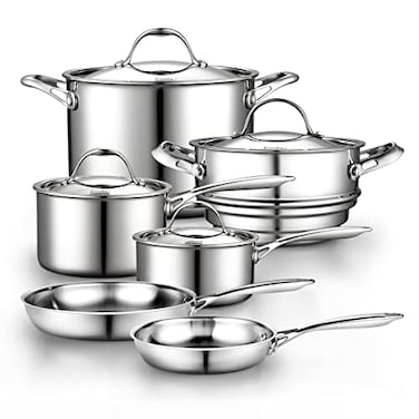 Cooks Standard Stainless Steel Kitchen Cookware Sets 10Piece MultiPly Full Clad Pots and Pans Cooking Set with StayCool Handles Dishwasher Safe Oven Safe 500F Silver