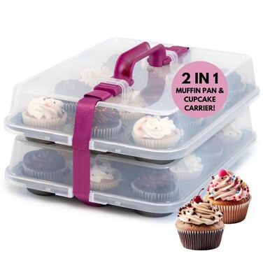 KPKitchen Cupcake Carrier for 24 Cupcakes  Innovative Cupcake Holder includes 2 Cupcake Pans with Lid and Handle  Cupcake Travel Container Carries 12 or 24 StandardSize Cupcakes for Storage Safely