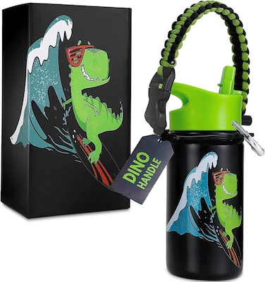 Dinosaur Water Bottle 14 OZ Leak Proof 36 Hours Cold Dishwasher Safe Lid Removable Handle Wide Mouth Double Wall Vacuum Insulated Stainless Steel Water Bottle For School Straw Bottle For Boys