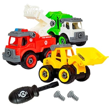 Flybar Power Gearz Take Apart Toy with Screwdriver and Screws 3 Pack Truck Set for Boys and Girls Fire Truck Construction Truck Garbage Truck Vehicle Set  Building Toys for Kids Ages 35