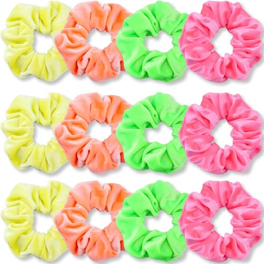 IVARYSS Neon Scrunchies for Hair 80s Premium Velvet Soft Hair Scrunchy Solid Colors Thick Elastic Bands Hair Accessories for Women and Girls 12 Pack