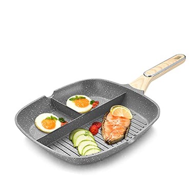 JUSTUP Nonstick Grill Pan 3in1 Egg Pan 11 Inch Non Stick Skillet Pan Heat Resistant Handle 3 Section Skillet Pancake Pan Divided Pan Cooking Pan for Breakfast Egg Bacon and Burgers