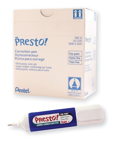 Pentel Presto Jumbo Correction Pen Fine Point Metal Tip Box of 12 ZL31W