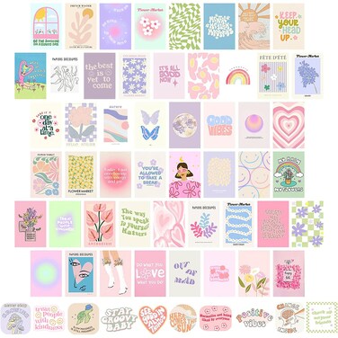 GENSTEUO 50pcs Danish Pastel Room Decor Aesthetic Cute Pictures Wall Decor Aesthetic Danish Pastel Wall Collage Kit Cute Posters for Teen Girls Bedroom Wall Decor Pastel Room Decor Trendy