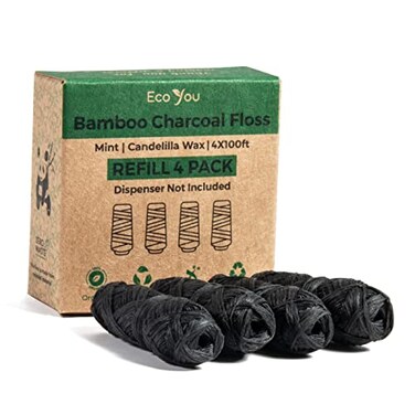 EcoYou Bamboo Charcoal Dental Floss  Mint  Candelilla Wax  Vegan  Biodegradable 4 Refills Pack