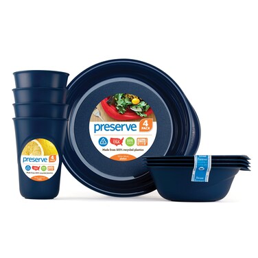 Preserve Reusable BPA Free Everyday Tableware Set Made from Recycled Plastic 4 Plates 4 Bowls 4 Cups Midnight Blue