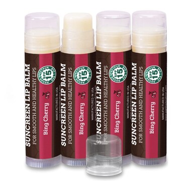 SPF Lip Balm 4Pack by Earths Daughter Stocking Stuffers  Lip Sunscreen SPF 15 Organic Ingredients Cherry Flavor Beeswax Coconut Oil Vitamin E  Hypoallergenic Paraben Free Gluten Free
