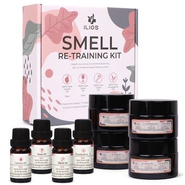 Ilios Olfactory Smell Training Kit 4 Essential Oils All Natural Stimulating Aromatherapy for Loss of Senses with Lemon Clove Rose Eucalyptus and Accessories