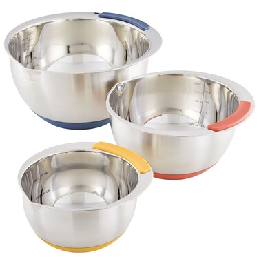 Ayesha Curry Kitchenware Pantryware Stainless Steel Nesting Mixing Bowls 3Piece Set Silver with Color Accent Handles