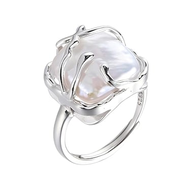 Irregular Pearl Ladies Silver Ring Baroque Pearl Ring 925 Sterling Silver Ring Fashion Statement Ring Suitable for Woman Girls Daily Birthday Anniversary Valentines Day Gift