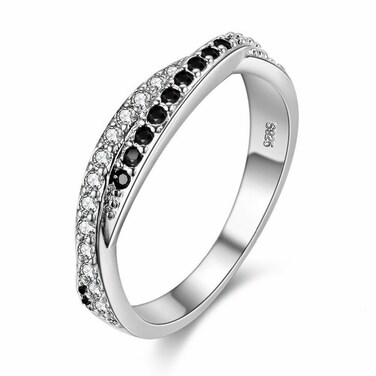 Uloveido Twisted Cross X Silver Plated CZ Crystal Eternity Rings Black and White Wedding Band Y022