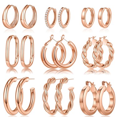 9 Pairs Gold Hoop Earrings for Women 925 Sterling Silver Post 14K Real Gold Plated Chunky Hoop Earrings Set for Women Hypoallergenic Thick Lightweight Hoop Earrings for Women Gold Jewelry