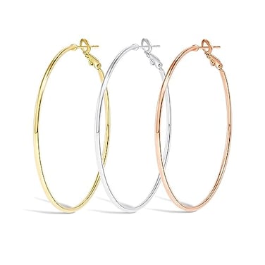 3 Pairs 50mm Big Gold Hoop Earrings for WomenStainless Steel Big Hoop Earrings 14K Gold Plated Rose Gold Plated Silver Hypoallergenic Hoops set
