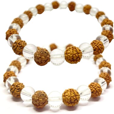 Rudraksha  Crystal Sphatik Beads Bracelet Pack of 2 Natural 5 face Himalaya Rudraksh Seed Rosary Crystal Wrist Mala Wrap Bracelet Bead Size 7 mm
