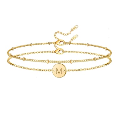 Initial Bracelet for Women 18K Gold Plated Stainless Steel Layered Coin Letter Bracelet Beaded Chain Personalized Name Bracelet