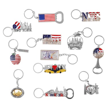 12 Pack NYC Silver Souvenir Collection New York Metal Keychain Ring Bundle Bulk Includes 3pc Bottle Opener Empire State Freedom Tower Statue Of Liberty USA FlagNY Cab Apple And More silver