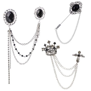 Huture 3PCS Mens Brooch Suit Pin Badge with Chains Brooch Buckle Chain Collar Lapel Pin for Men Shirt Collar Pin Chain Brooch Decoration Metal Brooch Pin Clips for Women Suit Tuxedo Tie Hat Scarf