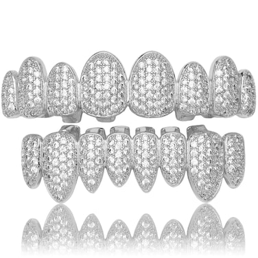 Rap HipHop Teeth Grillz Set for Halloween with Copper CZ Bling Grillz Diamond Grills for Your Teeth for Men Women 18K Gold Plated Iced Out Macro Pave Cubic Zirconia Mouth Grill with Extra Molding