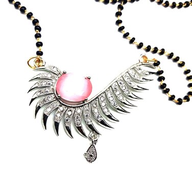 Wgloryind SilverPlated AD Black Beaded Chain Mangalsutra for Women Traditional Studded