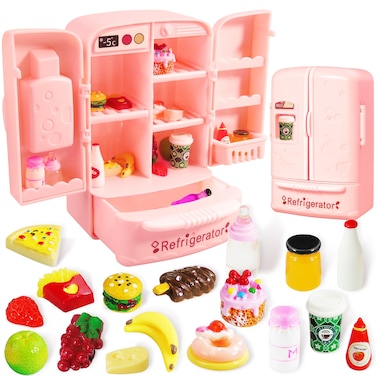 HKACSTHI Mini Dollhouse Fridge Miniature Dollhouse Refrigerator Mini Fridge Toy with Food Mini Toy Refrigerator with Ice Cubes Kids Play Kitchen Furniture Toy Set