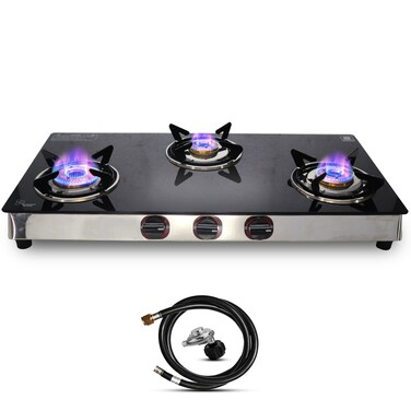 SONRET 3 Burner Propane Stove  30 Black Tempered Glass Counter Top Stove Gas Camping Stove with Stainless Steel Base 3 Burner Gas Stove Top for Cooking Range Gas kitchen Stove with Hose  Regulator