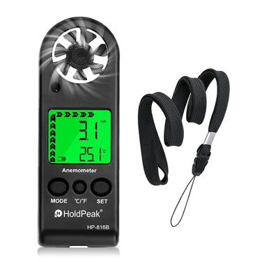 H HOLDPEAK Small Digital Anemometer 2PCS 816B 0330ms Handheld Wind Speed Gauge for Outdoor Digital Wind Speed Meter for Wind Velocity Temperature with Backlight Wind Chill Indicator MAXAVG