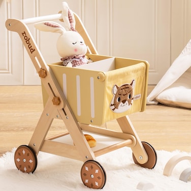ROBUD Baby Push Walker Doll Stroller Wooden Shopping Cart for Girls Boys Height Adjustable Wooden Baby Walker for Kids Toddlers Learning Walker Toys for 10 Months 1 Year Old