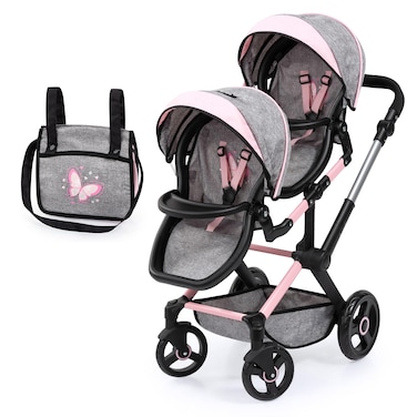 Bayer Design 26733AA Twin dolls pram carriage adjustable handle foldable bag grey pink