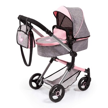 Bayer Design Neo Vario 18433AA Butterfly Combination Dolls Pram with Changing Bag and Shopping Basket Convertible into a Sports Pram HeightAdjustable Grey Denim Look Pink Butterfly 52 cm