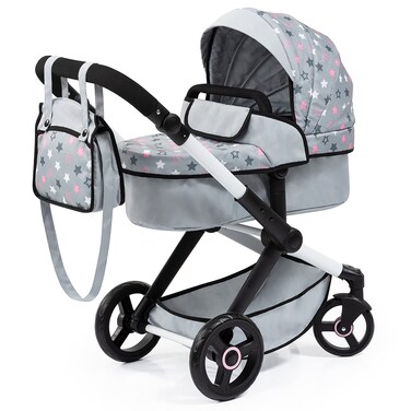 Bayer Design 17007AA Combi dolls pram Xeo stroller heightadjustable handle convertible bagGrey Pink StarMedium