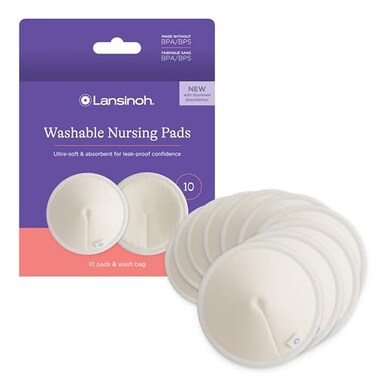 Lansinoh Washable Nursing Pads Made with Organic Bamboo Viscose Reusable Breast Pads for Breastfeeding with Wash Bag Breastfeeding Essentials 10 Count