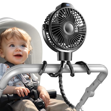 Koonie Portable Stroller Fan for Baby Rechargeable Battery Operated 3 Speeds 360 Rotation 25db Low NoiseDigital Display Detachable Flexible Tripod Clipon Car Seats Tent Crib Treadmill