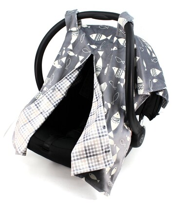 Dear Baby Gear Deluxe Reversible Car Seat Canopy Custom Minky Print Fish on GreyGrey Tan Plaid