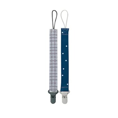 Nuby Pacifinder Baby Pacifier Clip  2Pack  Pacifier Holder Clip with Convenient Hook Loop  Gray Plaid and Blue Stars