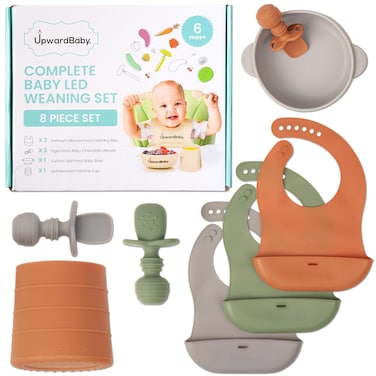 UpwardBaby Baby Led Weaning Feeding Supplies for Toddlers  Baby Feeding Set  Suction Silicone Baby Bowl  Self Eating Utensils Set with Spoons Bibs Cups  DishwasherSafe Infant Food Plate Kit