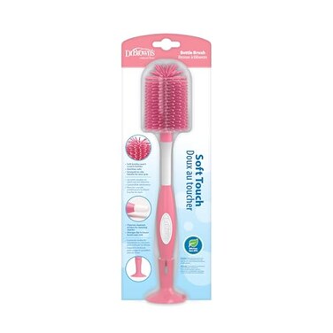 Dr Browns Natural Flow Dr Soft Touch No Scratch Baby Bottle Cleaning Brush Cleaner with Stand and Storage Clip BPA Free Pink 1Pack