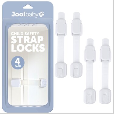 Jool Baby Products Child Safety Strap Locks 4 Pack for Fridge Cabinets Drawers Dishwasher Toilet 3M Adhesive No Drilling