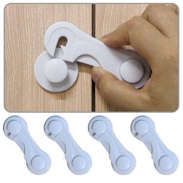 KongNai Cabinet Door Locks for Baby Proof and Child Safety 4 Pack Cabinet Locks with Adhesive for Drawer Cupboards Fridge Closet and Pantry Childproof Door Latch for Protecting Kids White4PCS