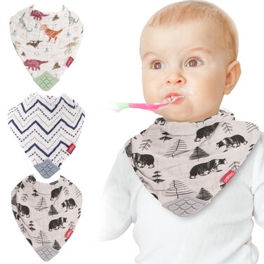 Nuby Reversible 100 Natural Cotton Muslin 3 Piece Teething Bib GreenGreyBlue DinosaurBearStripes