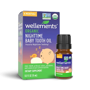 Wellements Organic Nighttime Baby Tooth Oil Soothing Massage Oil for Tiny Gums Promotes Peaceful Nighttime Teething Organic Blend of Essential Oils  Sleepytime Herbs 05 Fl Oz 4 Months