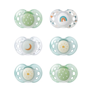Tommee Tippee Night Time Soothers Symmetrical Orthodontic Design BPAFree Silicone Baglet 1836m Pack of 6 Dummies
