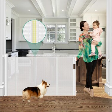 Reinforced 60 Wide Retractable Baby Gate with Reinforced Rods 5 ft Retractable Dog Gate IndoorOutdoor Baby Gate Retractable Mesh Gates for Kids and Pets Retractable Gate  Bottom AntiEscape White