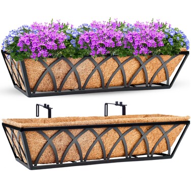 4pcs 24 Inch Window Deck with Coco Liner24 Window Boxes Horse Trough with Coconut Coir LinerMetal Hanging Flower Planter Window Basket Deck Railing Planter Boxes for Outdoor Indoor Lawn