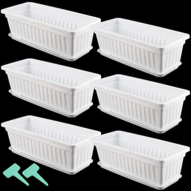 HAKZEON 6 Pack 17 Inches Plastic Flower Box Planters with Trays Countryside Flower Window Boxes with 30 Plant Labels White Rectangular Vegetable Planters for Windowsill Porch Balcony Garden