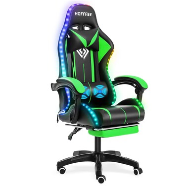 VANSPACE Gaming Chair Massage with LED RGB Lights and Footrest Ergonomic Computer Chair High Back Video Game Chair with Adjustable Lumbar Support Linkage Armrest Green and Black