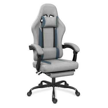 ErgoDesign Breathable Fabric Gaming Chair with Footrest Height Adjustable Game Chair Video Gaming Chair for Gaming Room Living Room and Office  Light GreyBlue