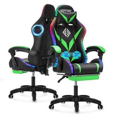 VANSPACE Gaming Chair with Bluetooth Speakers and RGB LED Lights Ergonomic Massage Computer Gaming Chair with Footrest Video Game Chair High Back with Lumbar Support Light Green and Black