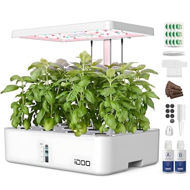 iDOO 12 Pods Hydroponics Growing System Indoor Herb Garden with 23W LED Grow Light Automatic Timer Germination Kit with Fan Height Adjustable for Home Kitchen White