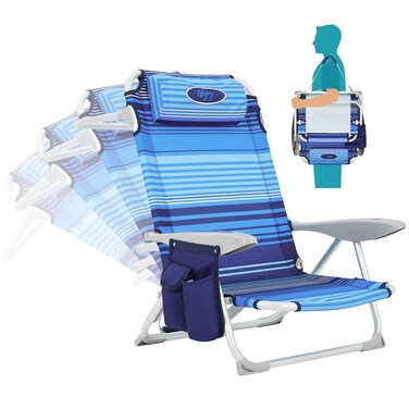 WEJOY Folding Beach Chair for Adults 4Position Lightweight Beach Chair Low Beach Chairs with Shoulder Strap Cup Holder and Headrest Supports 265lbs for Beach Lawn Bluestrips
